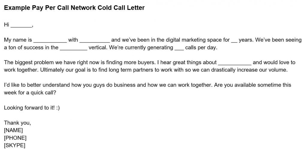 Example Pay Per Call Network Cold Call Letter - Business Development for Pay Per Call