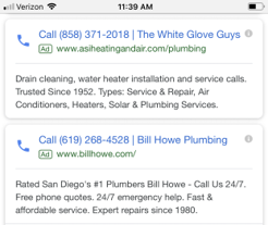 Paid Search Pay Per Call advertising example